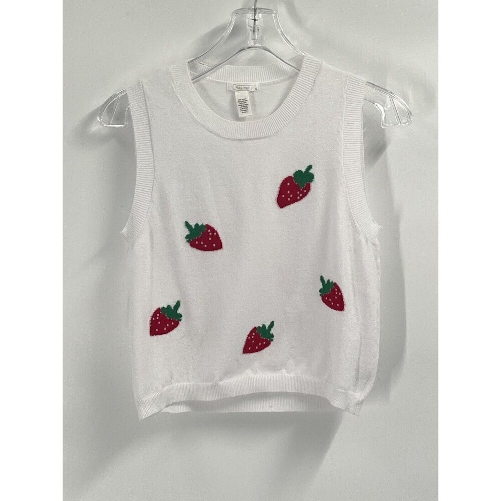 Full Tilt White Knit Sweatvest Strawberries Sz Kids XL Womens XS